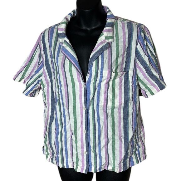 Marine layer women’s large striped hemp tencel button front preppy top - Picture 1 of 5